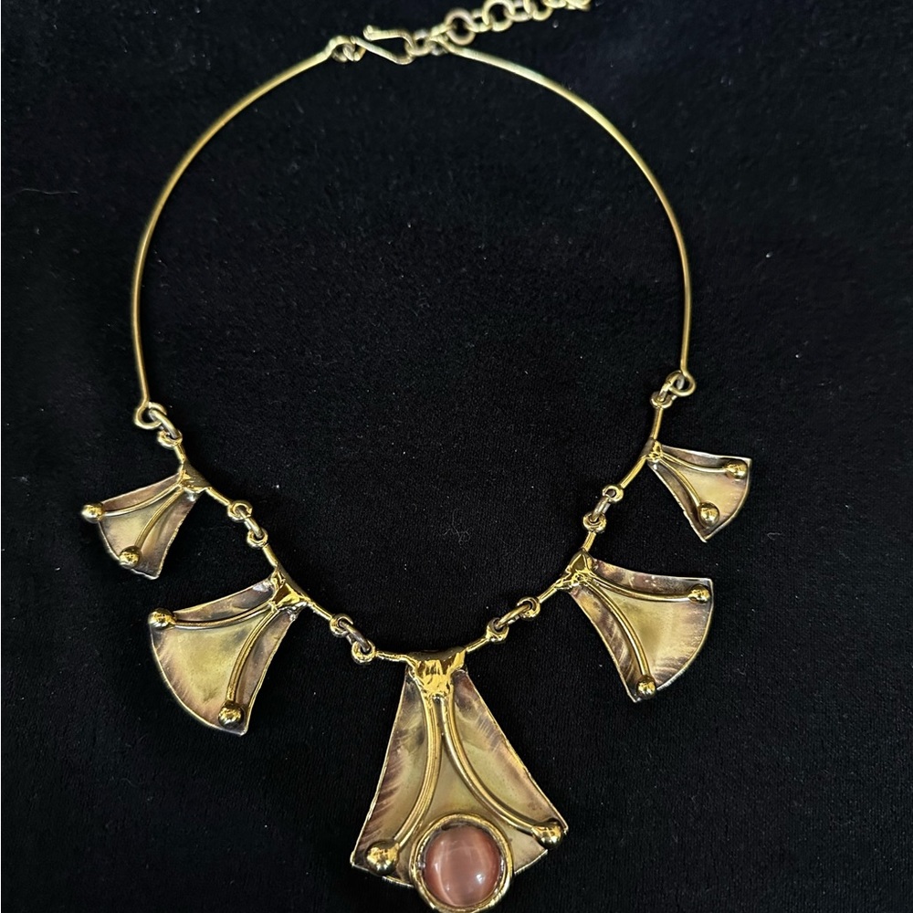 Statement necklace, burnished Goldtone with pink stone.